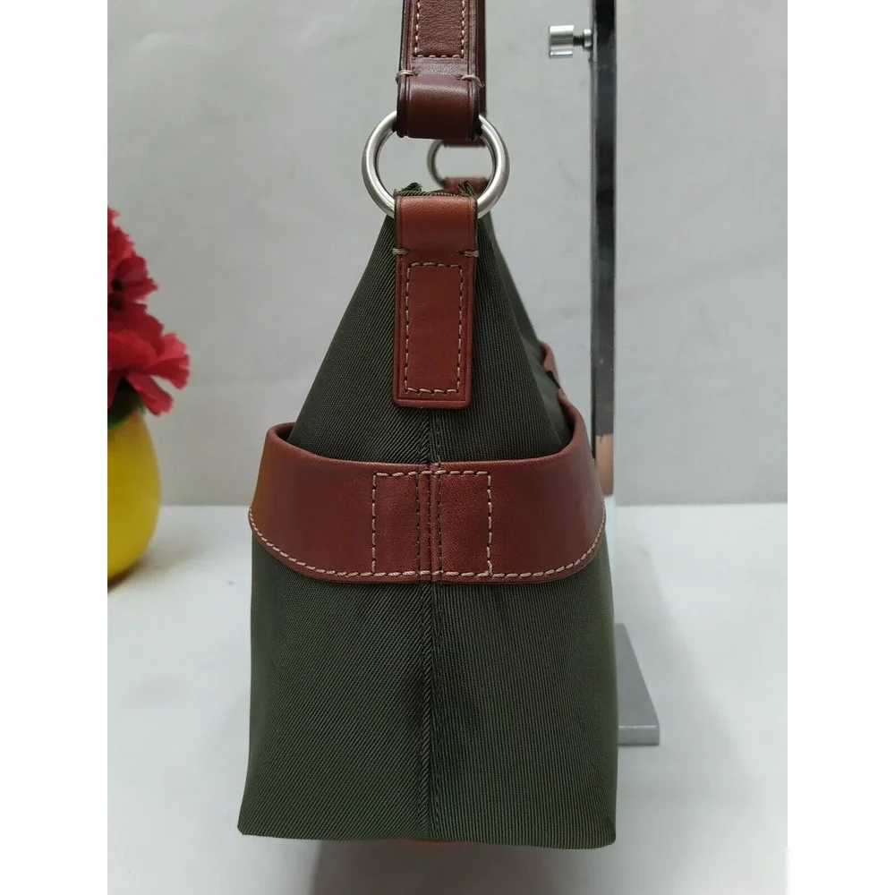 Fossil Oliver Green Nylon Leather Trim Zipper Closure Hobo Shoulder Bag
